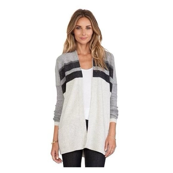 Vince Sweaters - VINCE Cashmere & Wool Sz S Gray & Black Color Block‎ Striped Open Front Cardigan